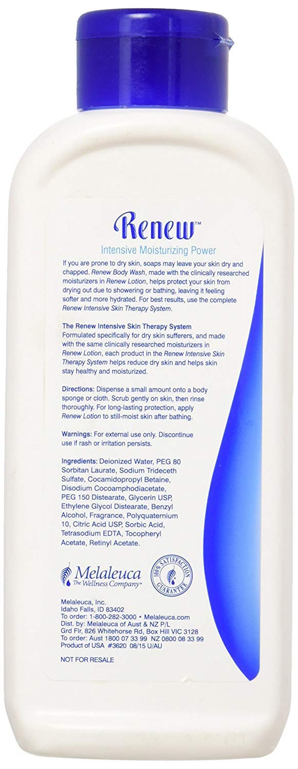 Melaleuca Renew Intensive Body Wash in bathroom scene, refreshing post-shower routine option.