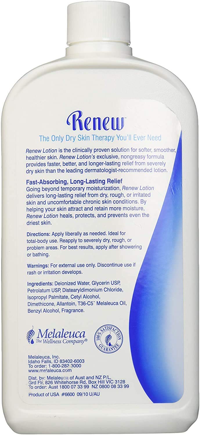 Melaleuca Renew bottle back label highlighting gentle, non-greasy hydration