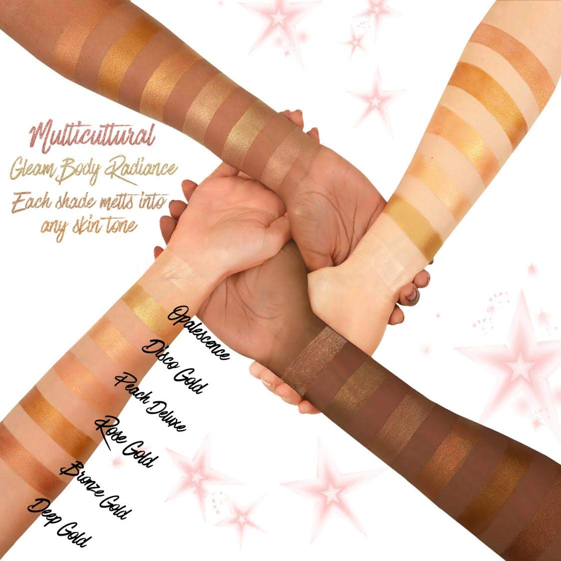 Melanie Mills Hollywood Gleam Opalescence swatch on forearm highlighting universal glow.