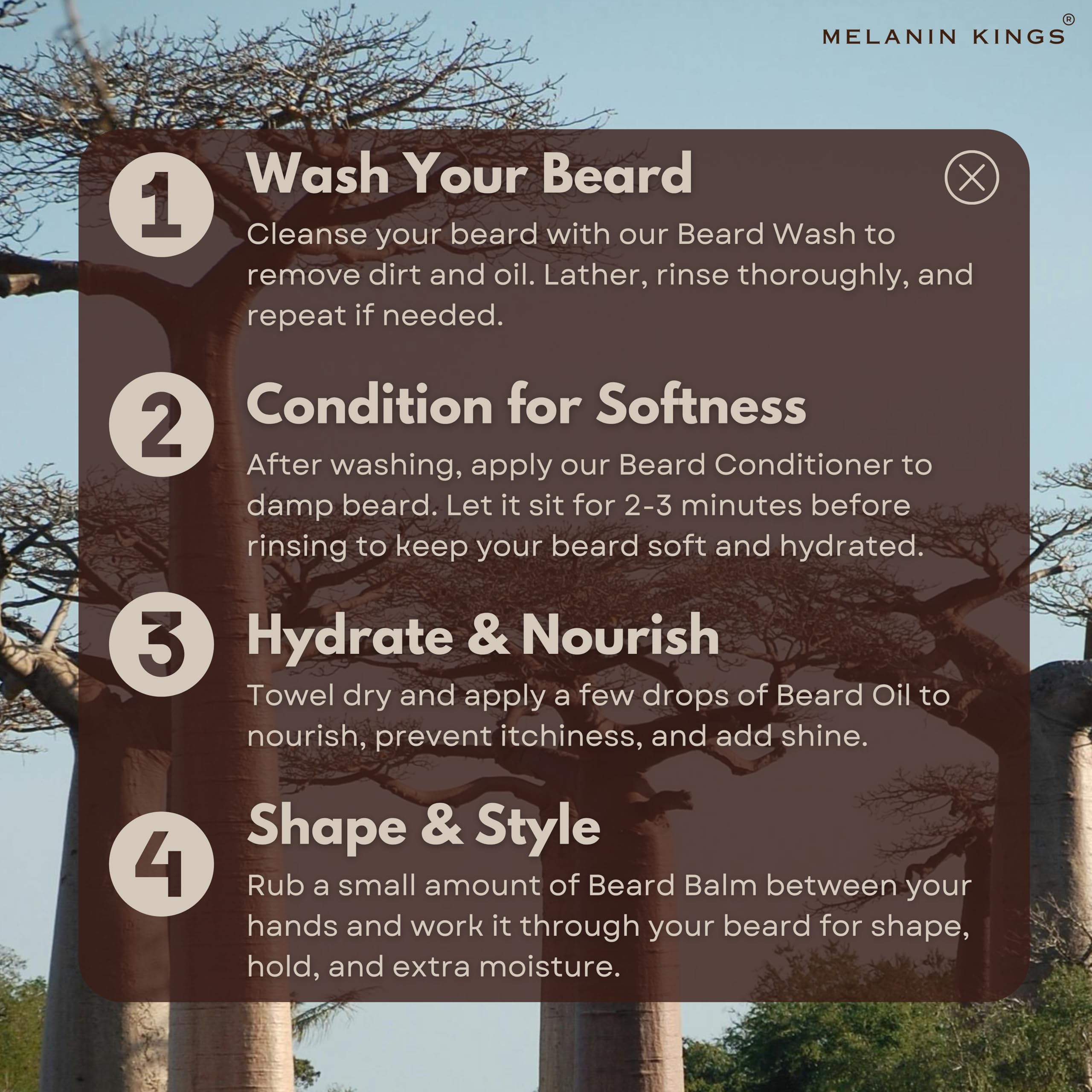 Melanin Kings beard care routine with oil as part of daily regimen