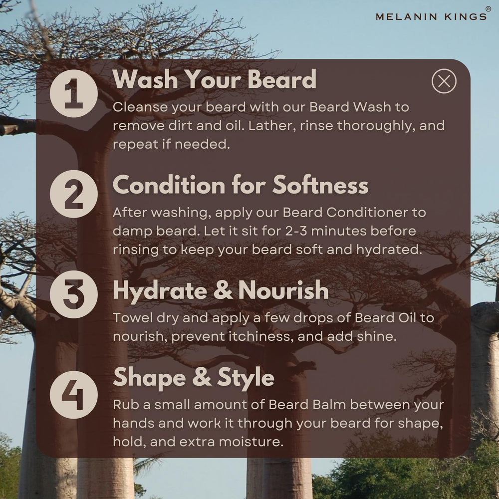 Melanin Kings beard care routine with oil as part of daily regimen