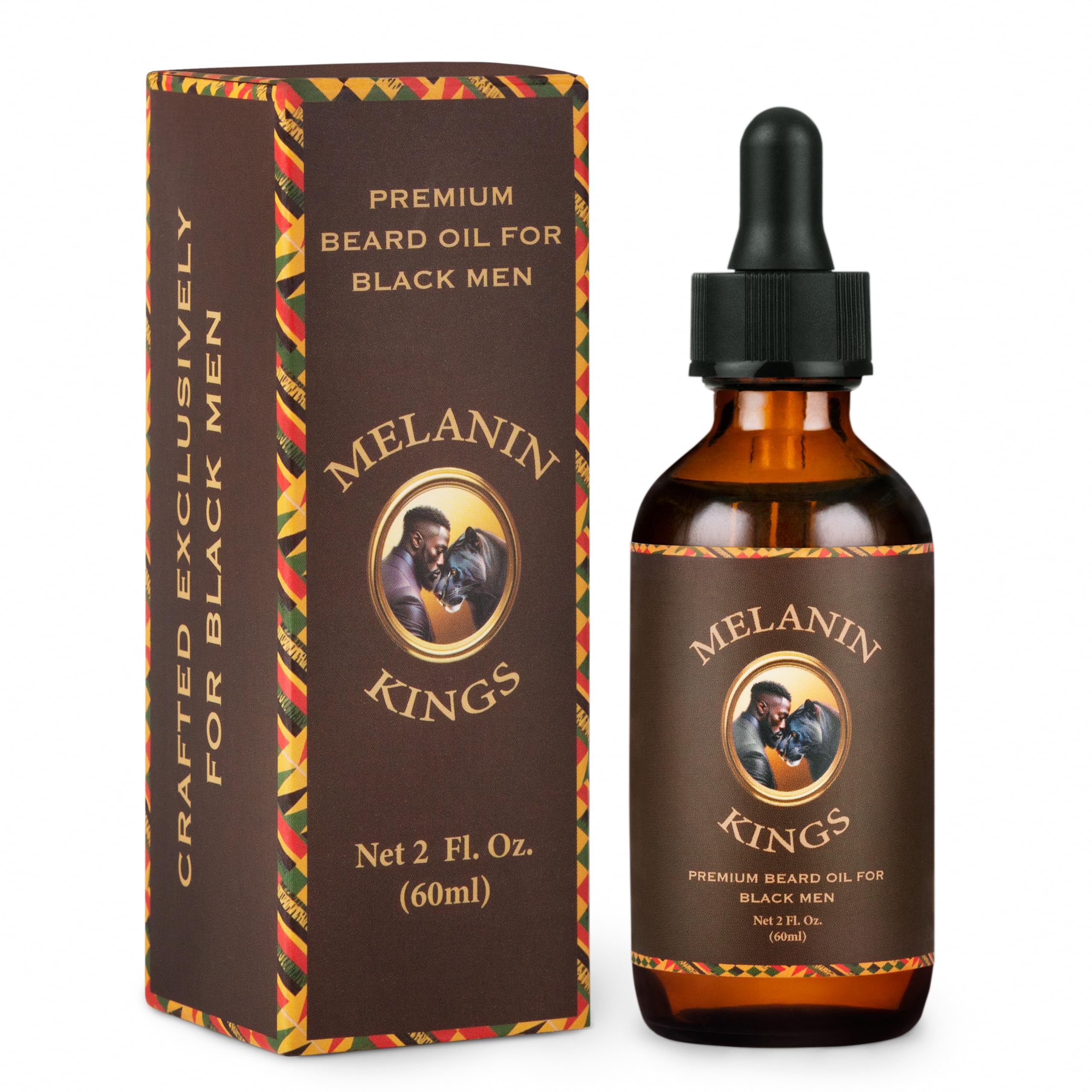 Melanin Kings beard oil bottle close-up highlighting premium natural ingredients for nourished beard