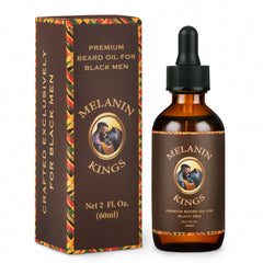 Melanin Kings beard oil bottle close-up highlighting premium natural ingredients for nourished beard
