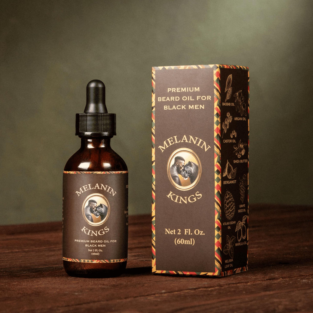 Melanin Kings beard oil on beard giving a polished healthy shine