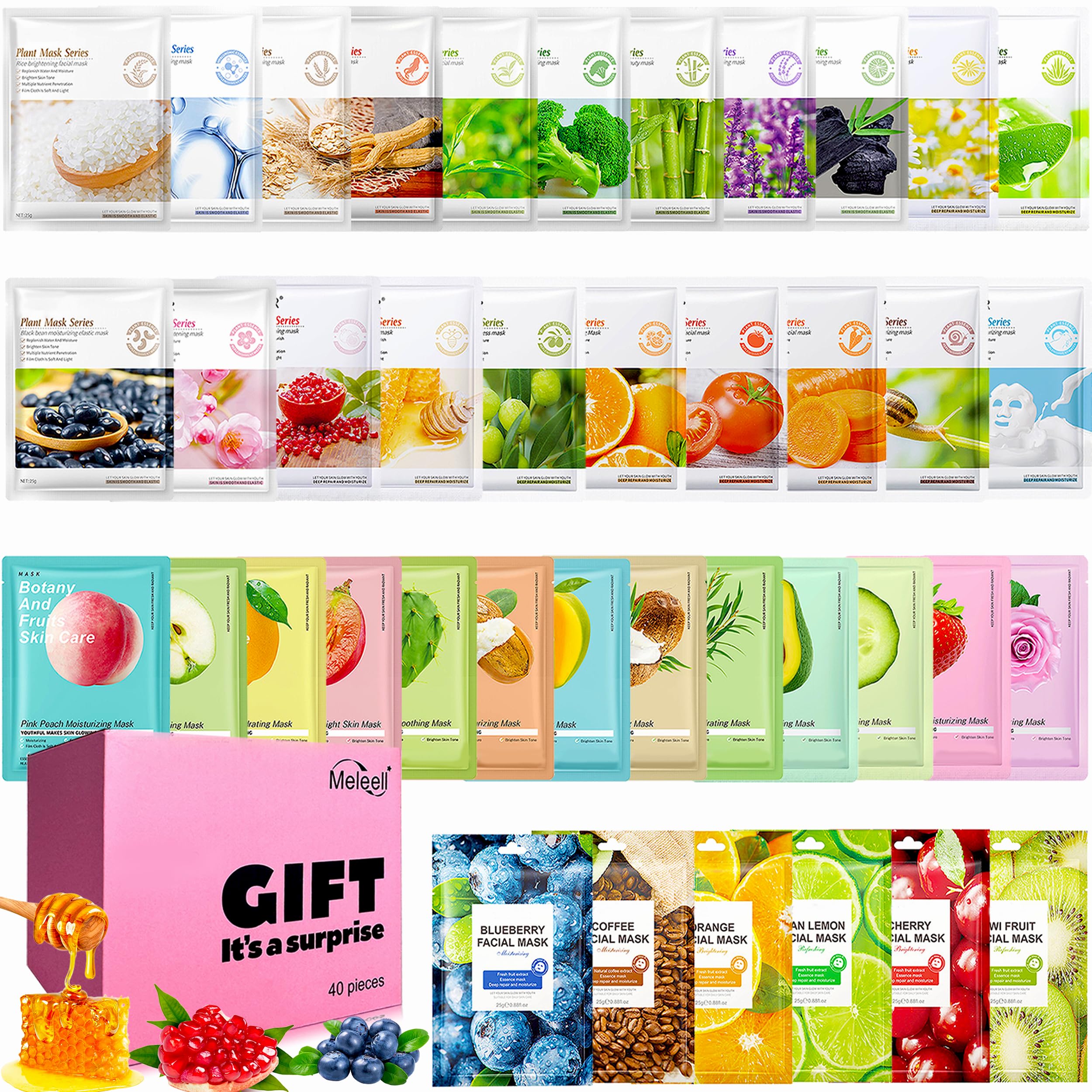 Meleell 40-pack masks box front showing variety for all skin types, spa-like hydration