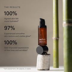 Melixir bamboo extract serum closeup highlights hydration and subtle smoothing