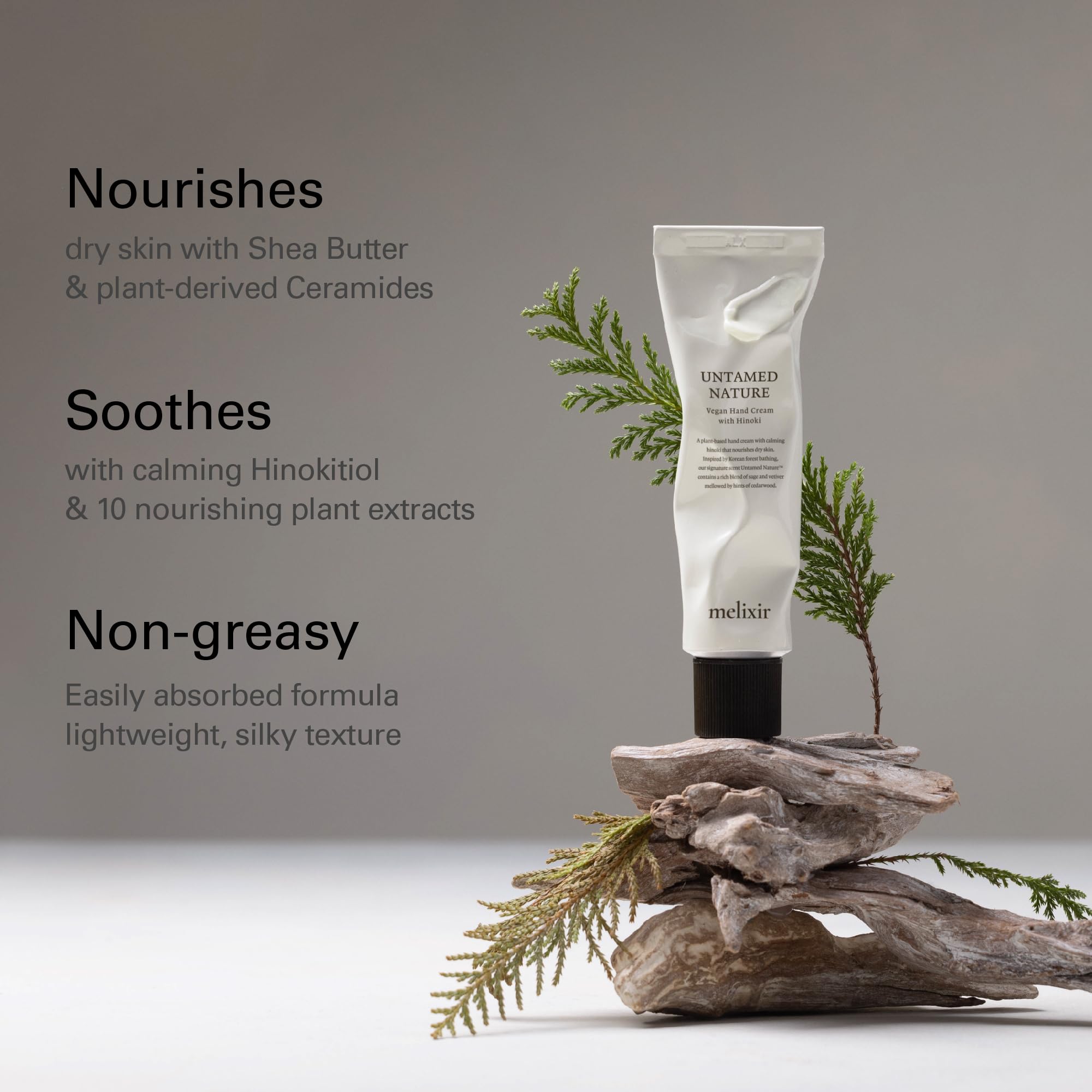 Melixir Hinokitiol plant extracts graphic emphasizes nourishing care.