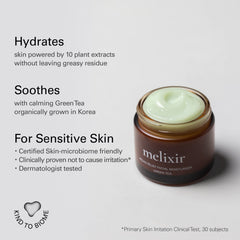 Melixir Vegan Relief Facial Moisturizer green tea swatch highlights soothing antioxidant-rich care.