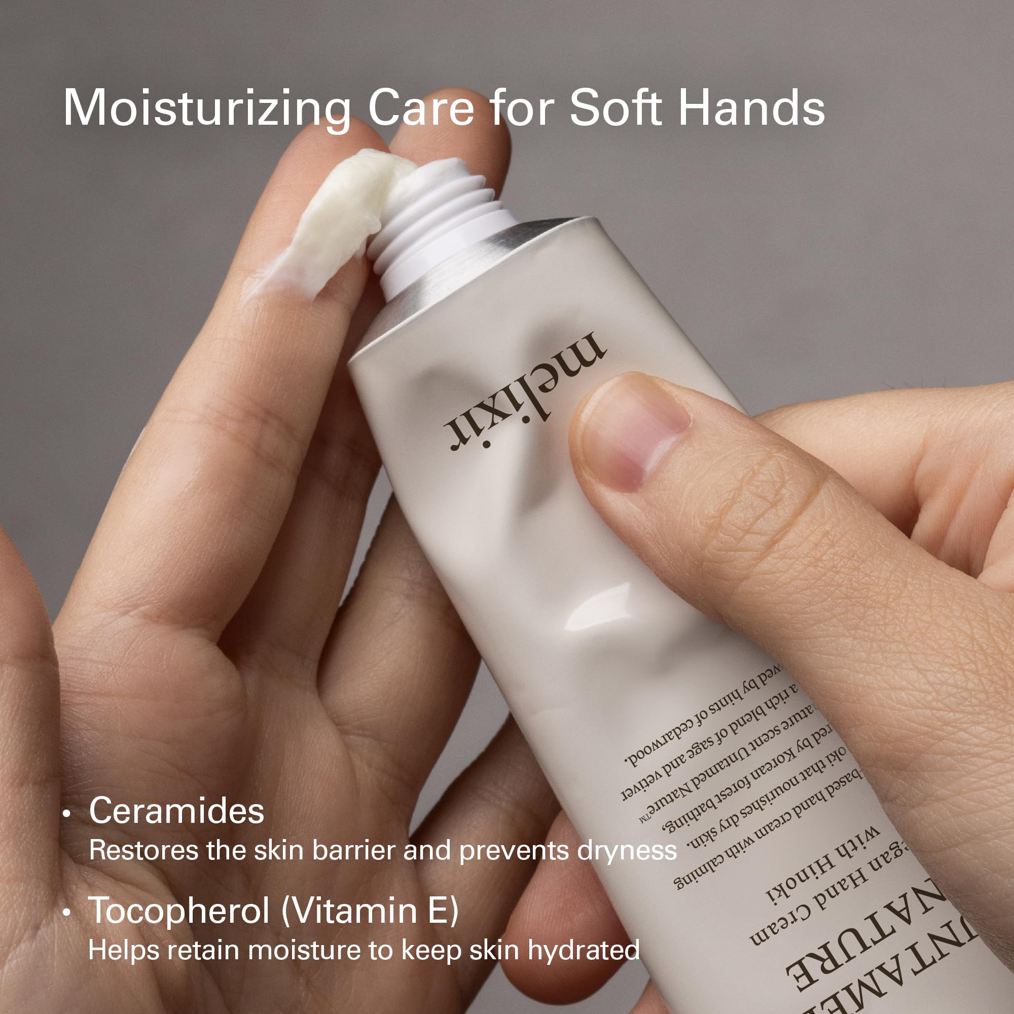 Melixir Vitamin E moisture boost closeup underscores hydration retention.