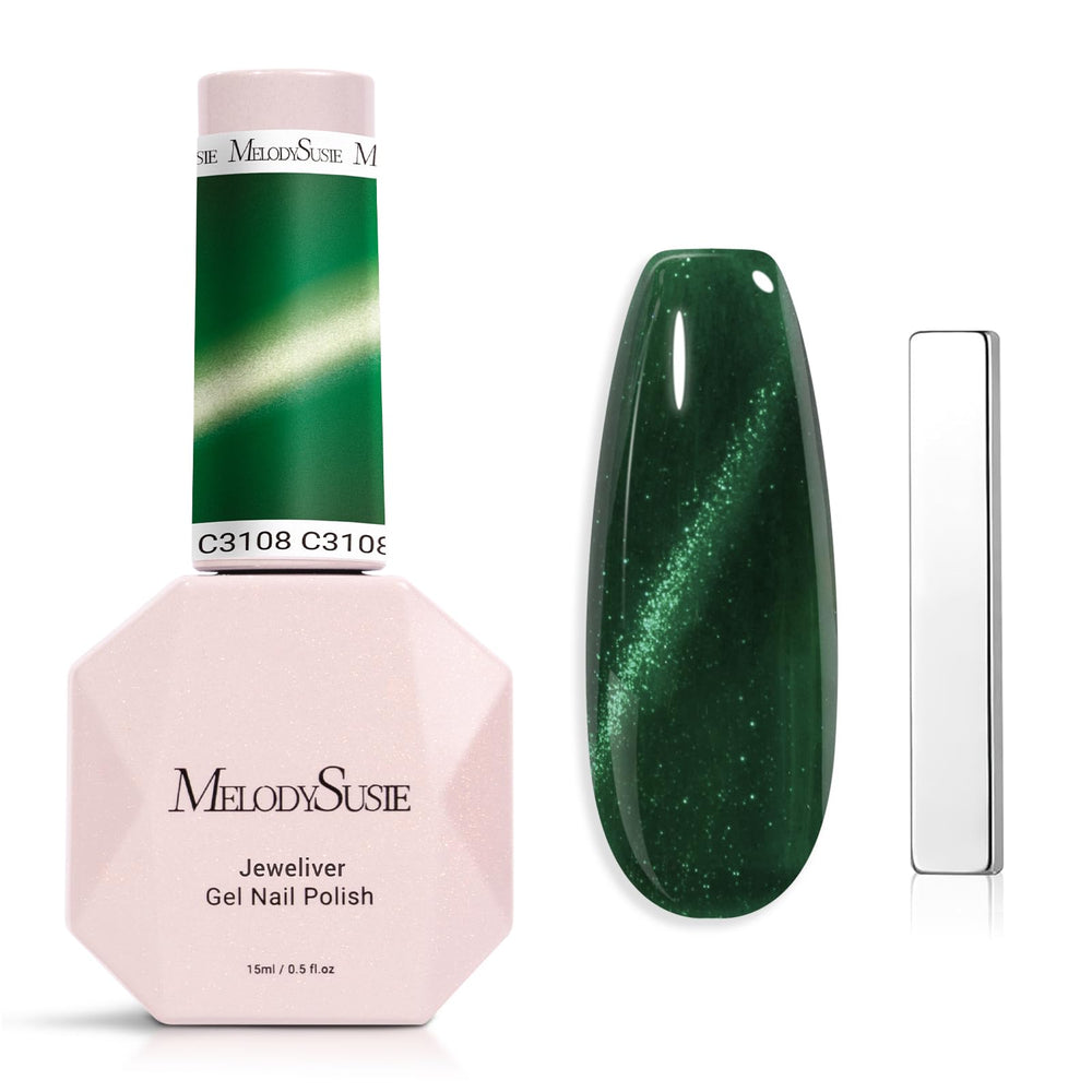 MelodySusie Jeweliver cat-eye polish with magnet creates dark green glitter for dramatic nails