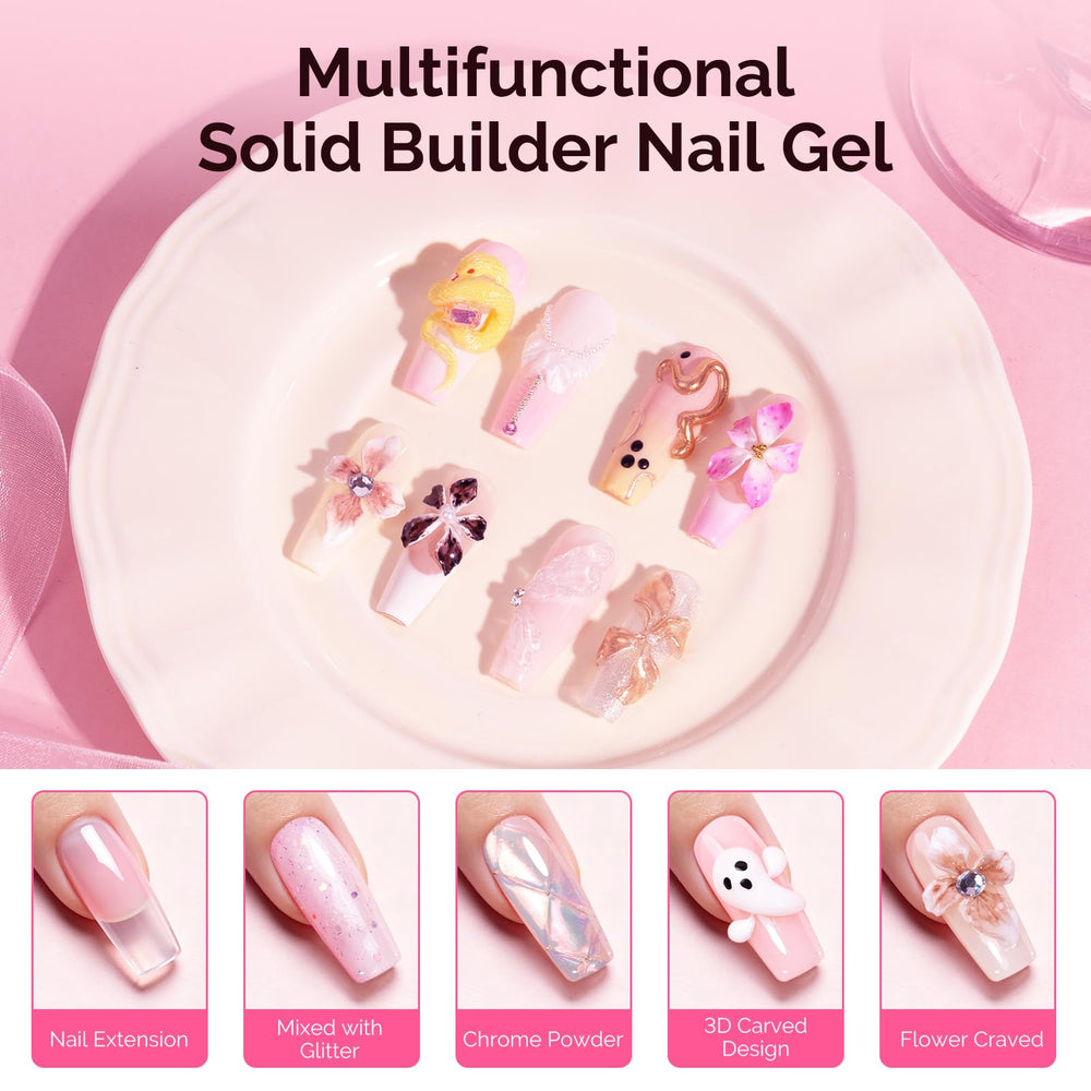 Step-by-step 3D nail sculpting process with solid gel