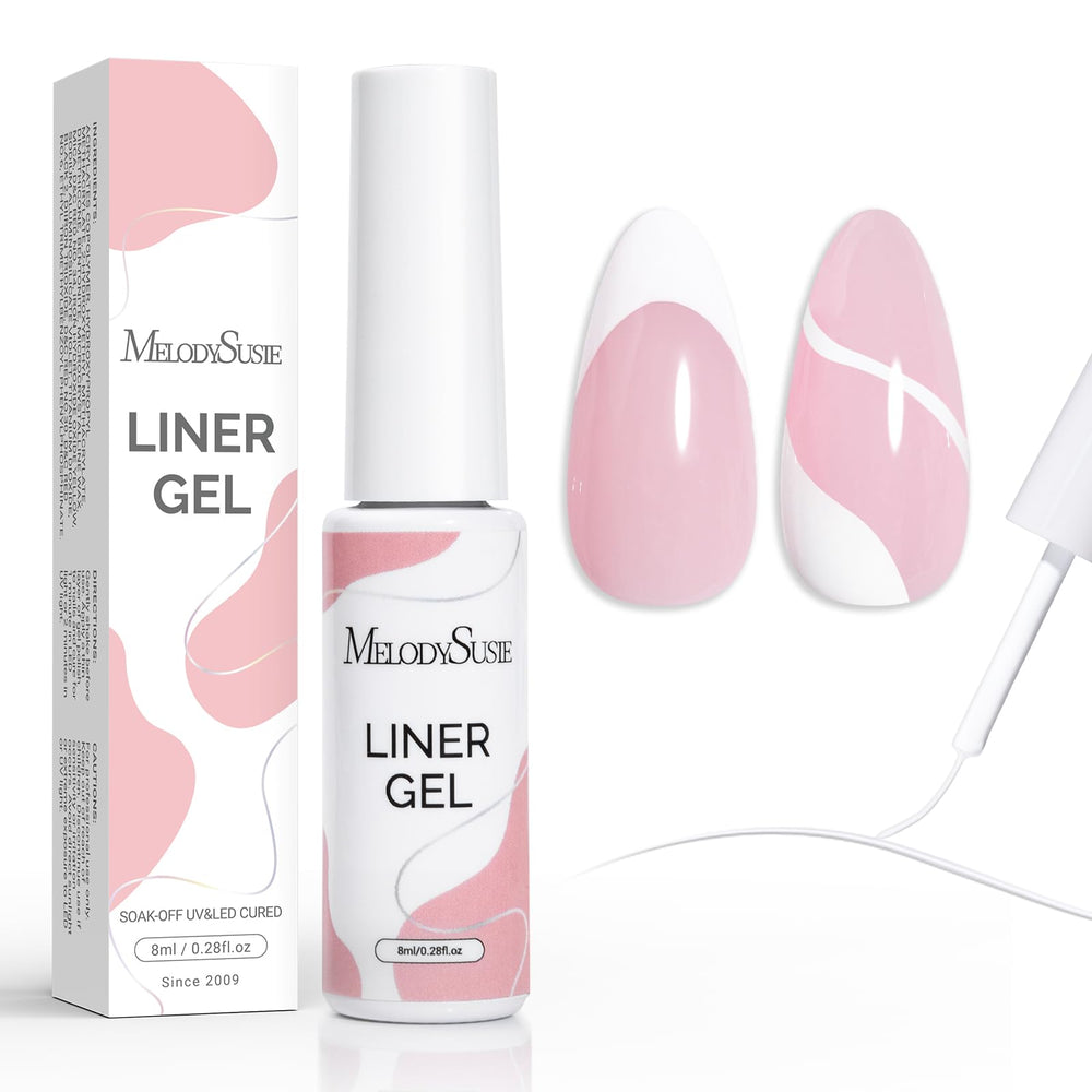 MelodySusie 8ML White Gel Liner bottle close-up, convenient built-in brush for precise lines.
