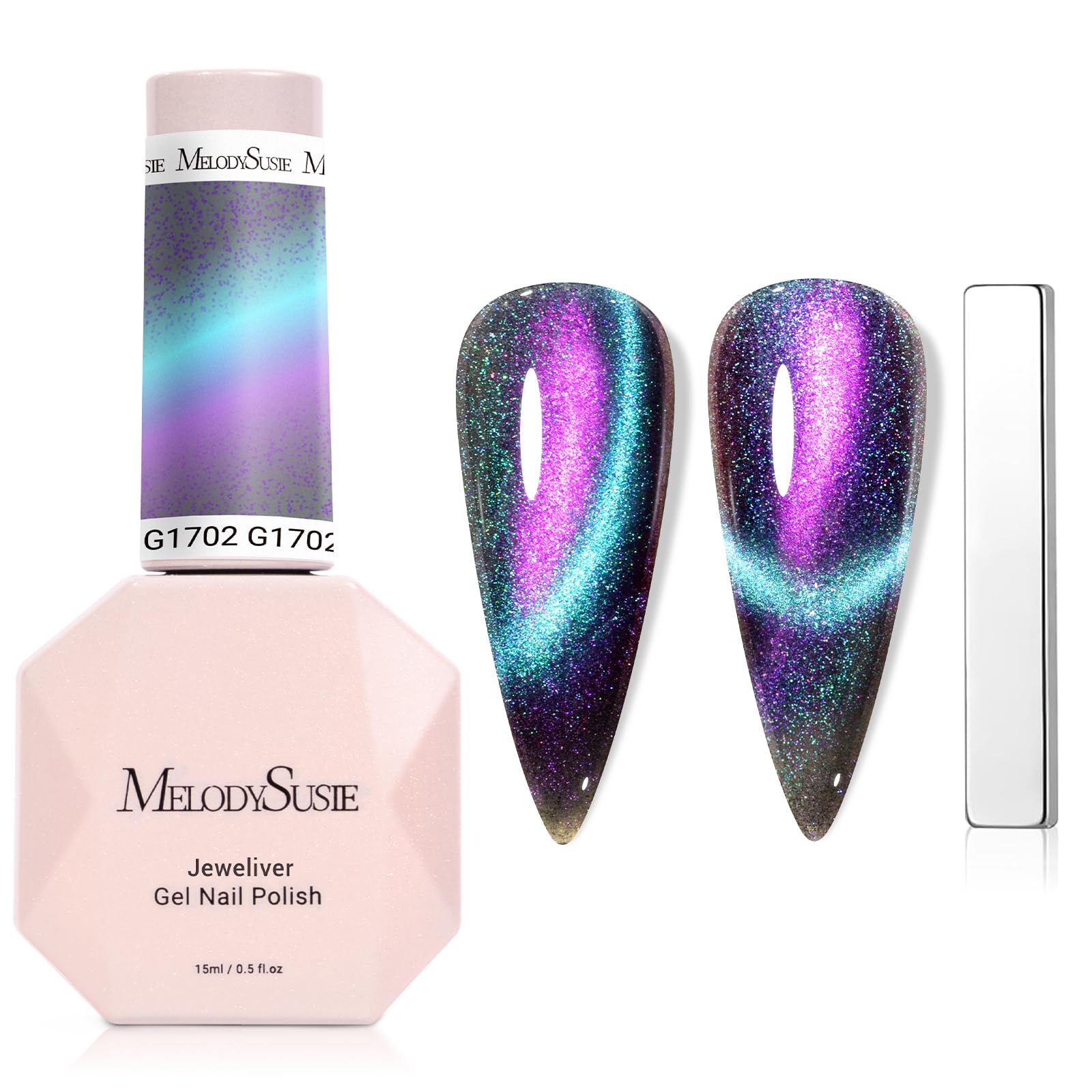 MelodySusie 9D cat-eye polish bottle shows magnetic shimmer for dramatic nails.