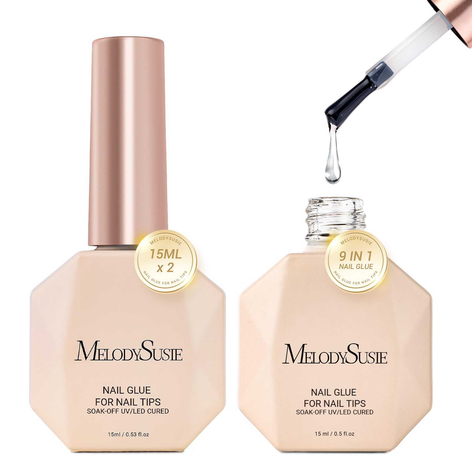 MelodySusie 9-in-1 nail glue bottle close-up showing strong tip adhesion.