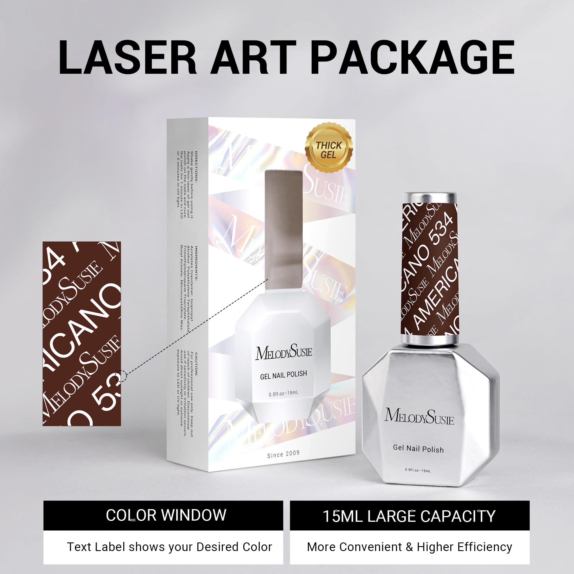 MelodySusie Thick Americano Brown Gel Nail Polish packaging suggests an at-home salon vibe.