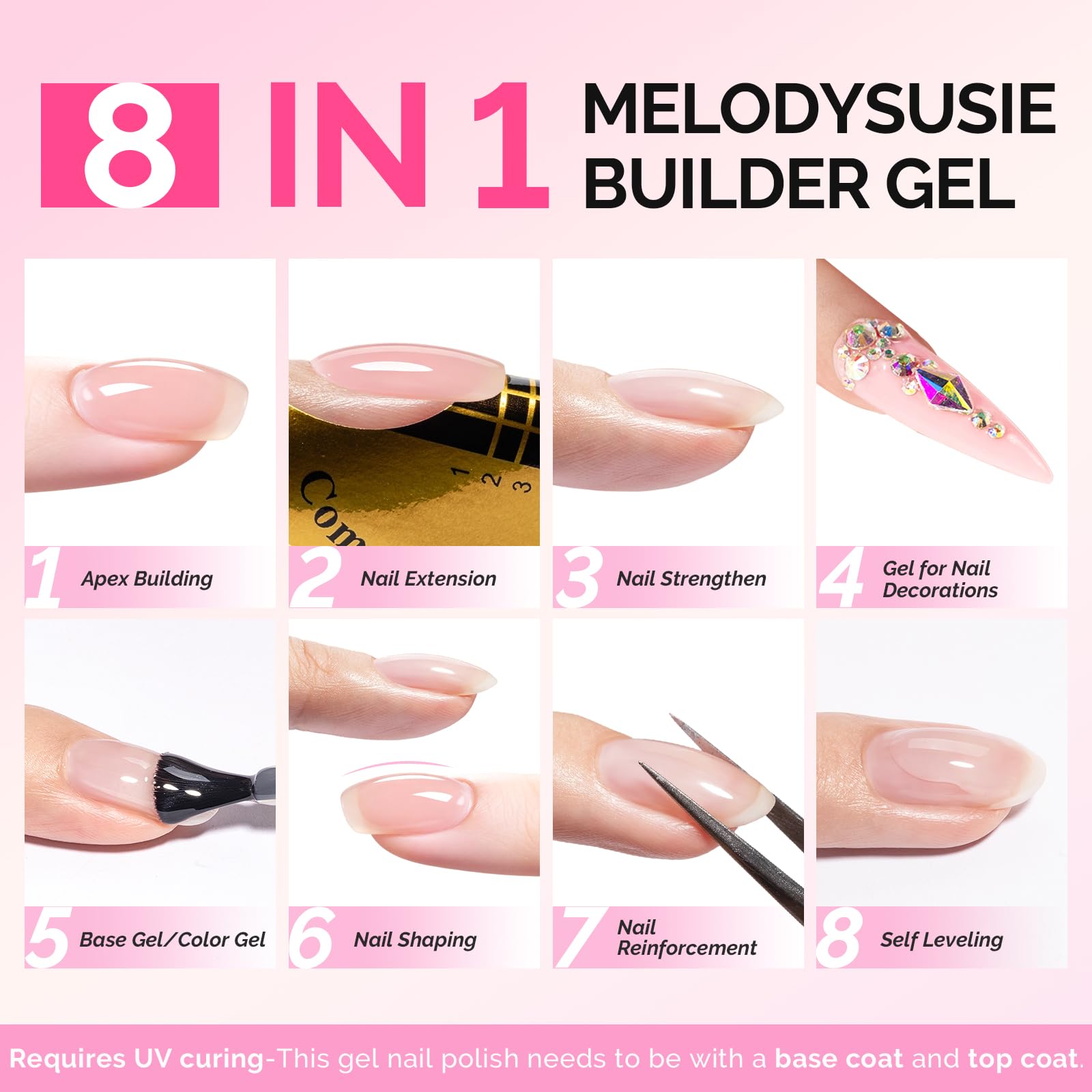 MelodySusie gel length extension supports longer nails with proper curing.