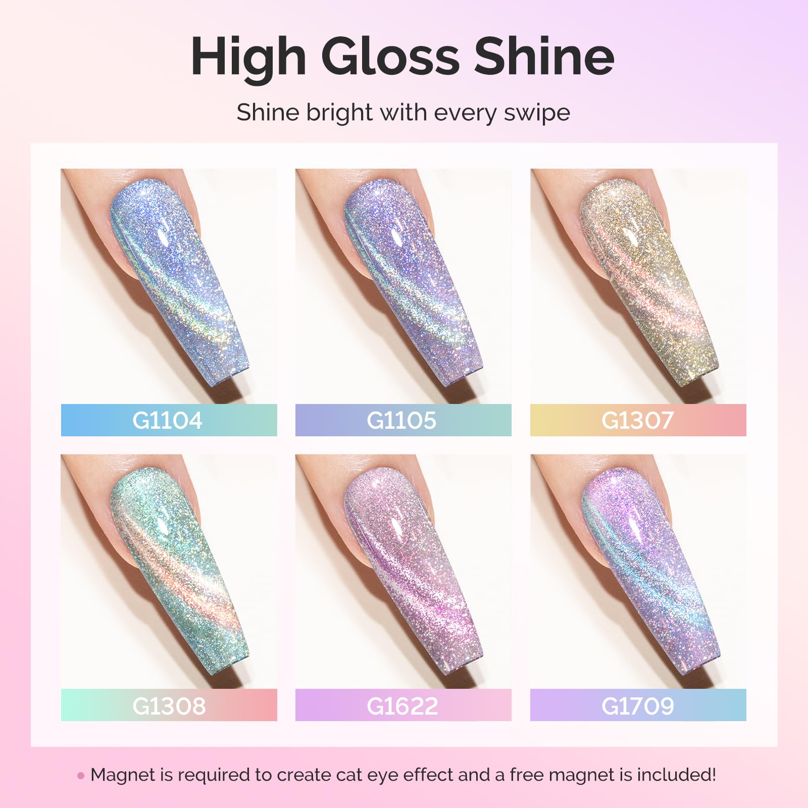 MelodySusie cat eye nails under UV lamp showing long-lasting shimmer.