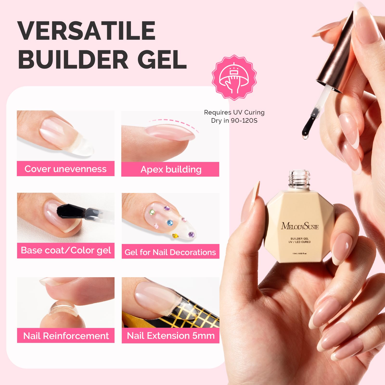 Gel cured under UV/LED lamp for strong, lasting manicure with MelodySusie gel.