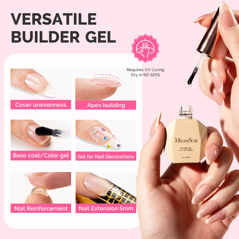 Gel cured under UV/LED lamp for strong, lasting manicure with MelodySusie gel.
