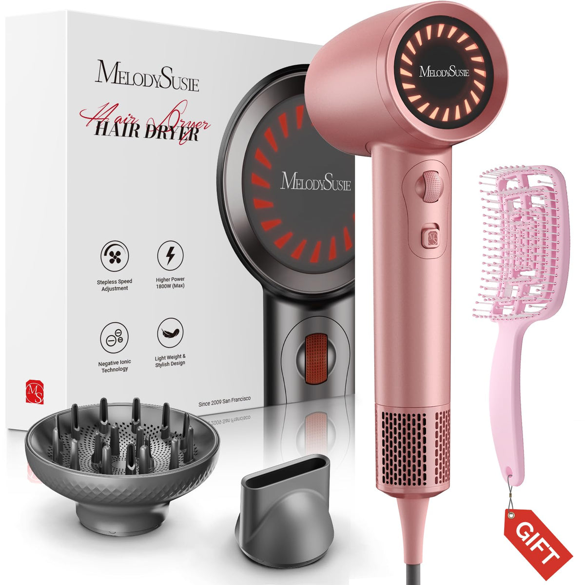 MelodySusie compact hair dryer with diffuser for smooth curls and frizz control