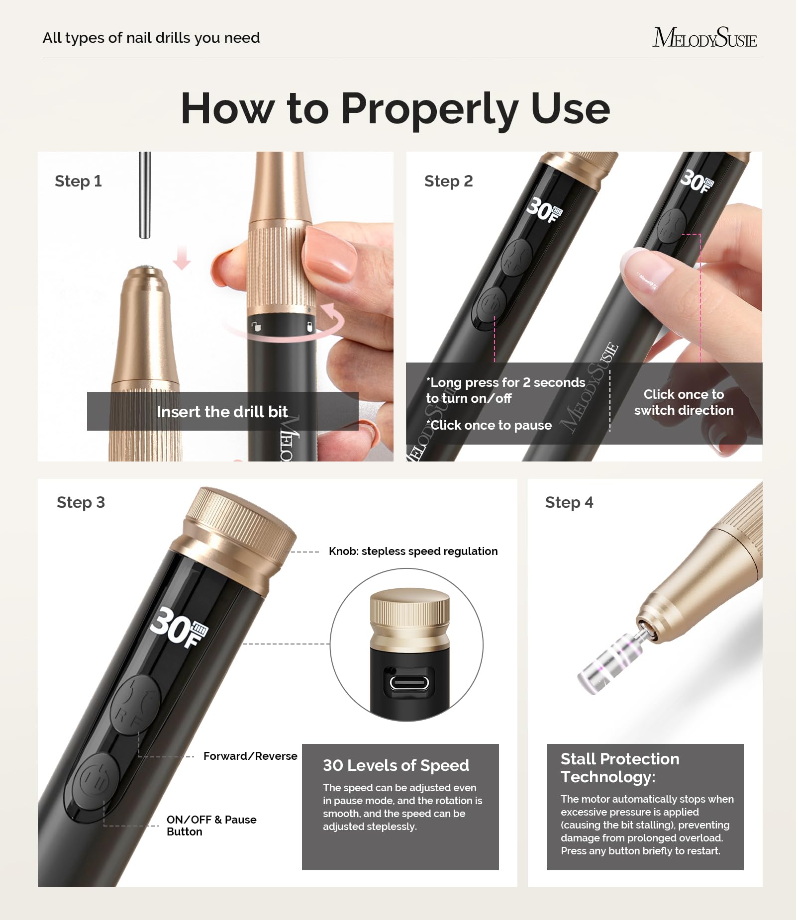 MelodySusie cordless nail drill in use for precise shaping anywhere