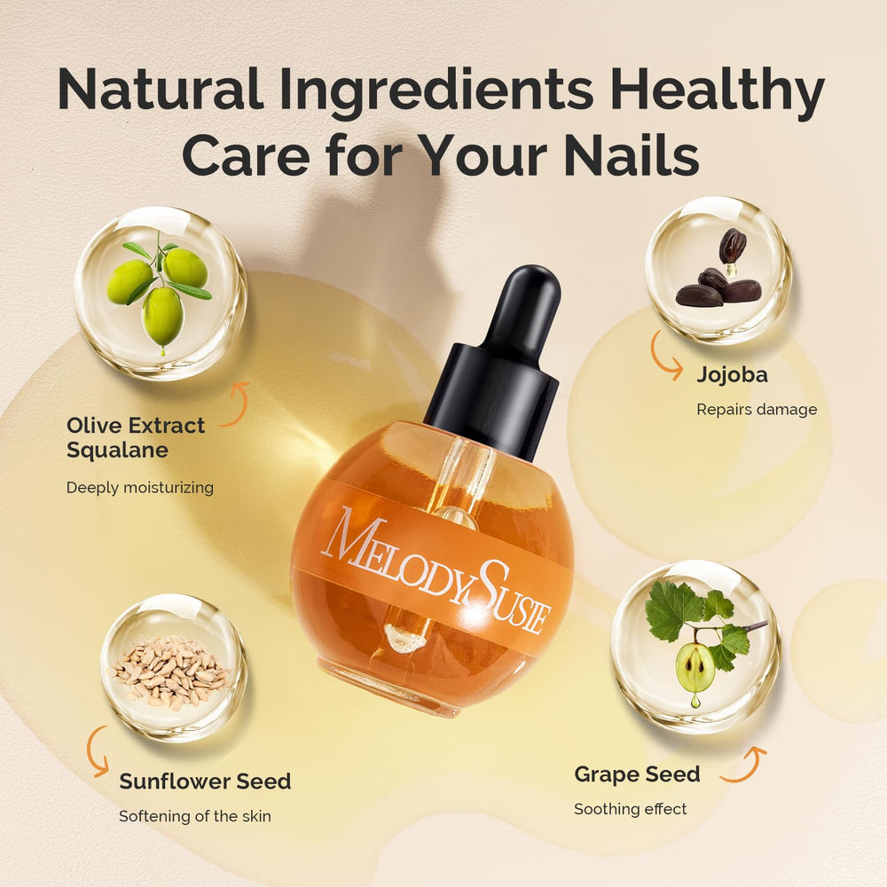 MelodySusie cuticle oil ingredients lineup with nourishing oils
