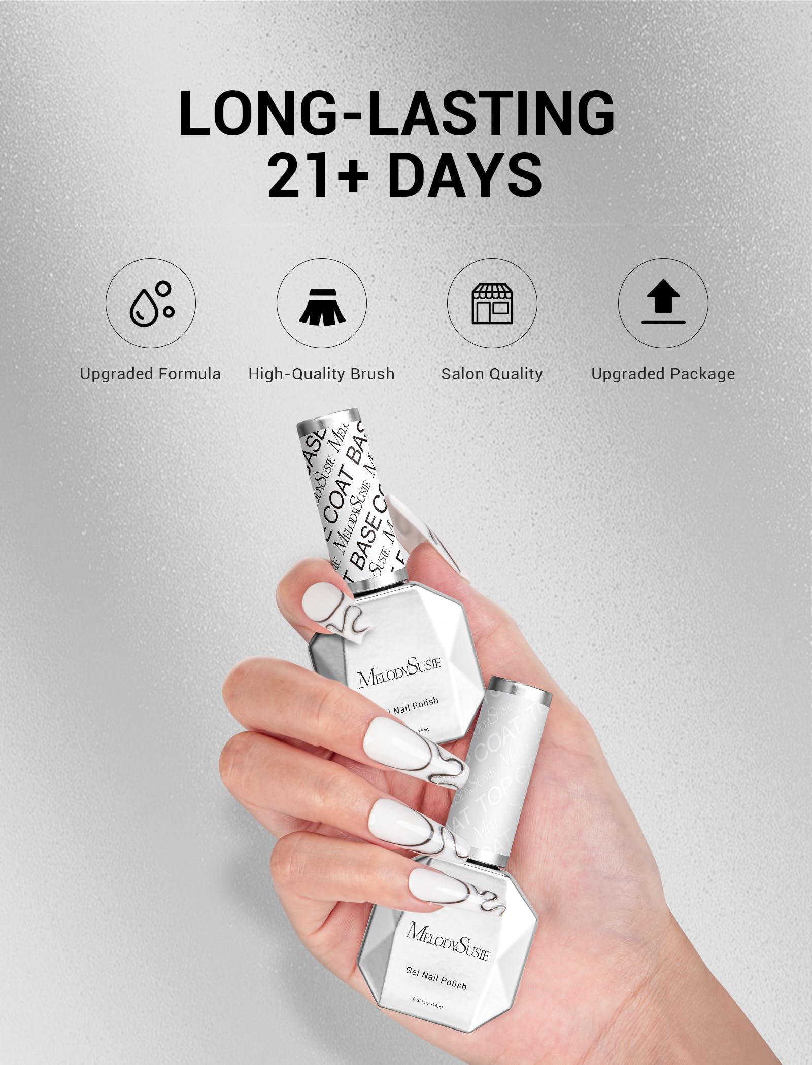MelodySusie gel top coat compatibility works with gel, acrylic, and natural nails.