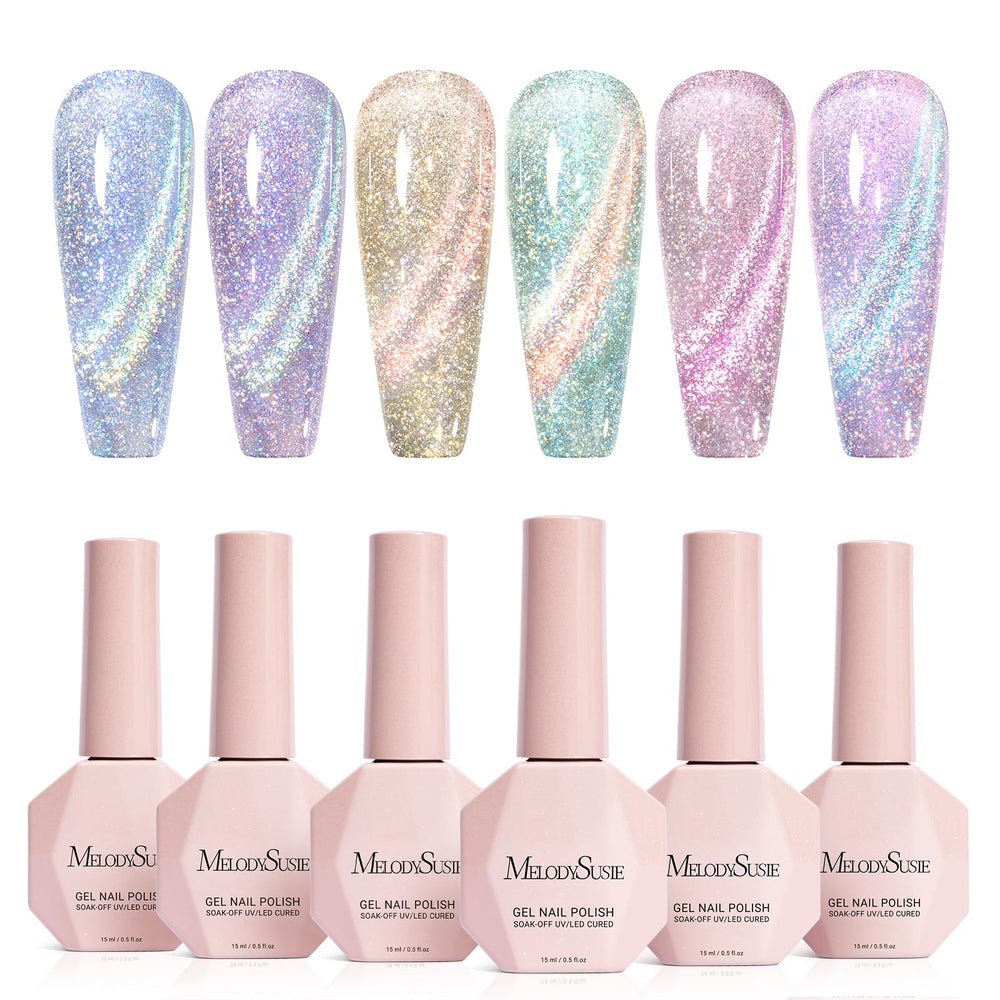 MelodySusie Glitter Cat Eye polish set with six bottles for versatile at-home manicures.