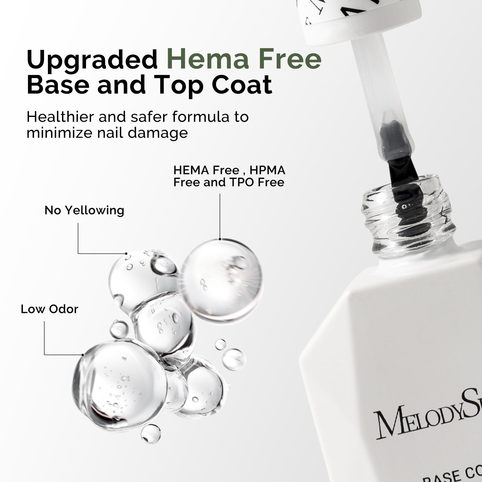 MelodySusie HEMA-free top coat bottle delivers a high-gloss no-wipe finish