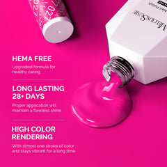 MelodySusie hot pink gel polish on nails with vibrant, glossy color.