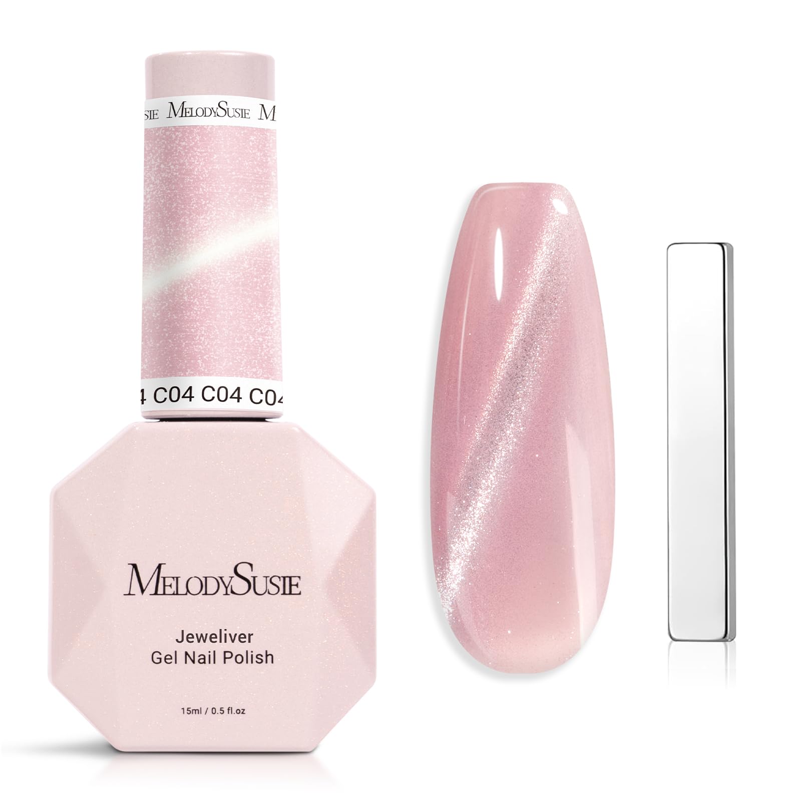 MelodySusie Jeweliver cat-eye polish bottle with pink glitter for striking nails