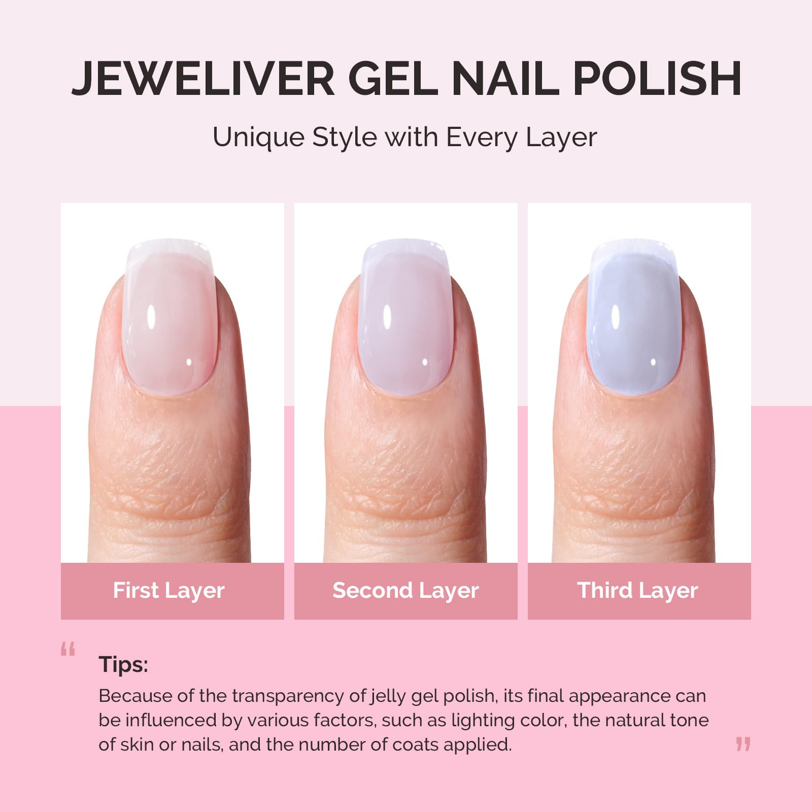 MelodySusie Jeweliver nails display jelly texture from sheer to opaque.