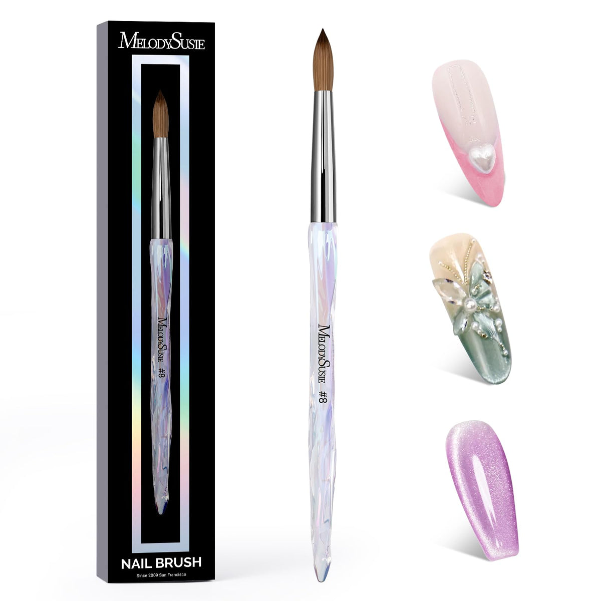MelodySusie Kolinsky brush close-up showing pure hairs for precise acrylic pickup.