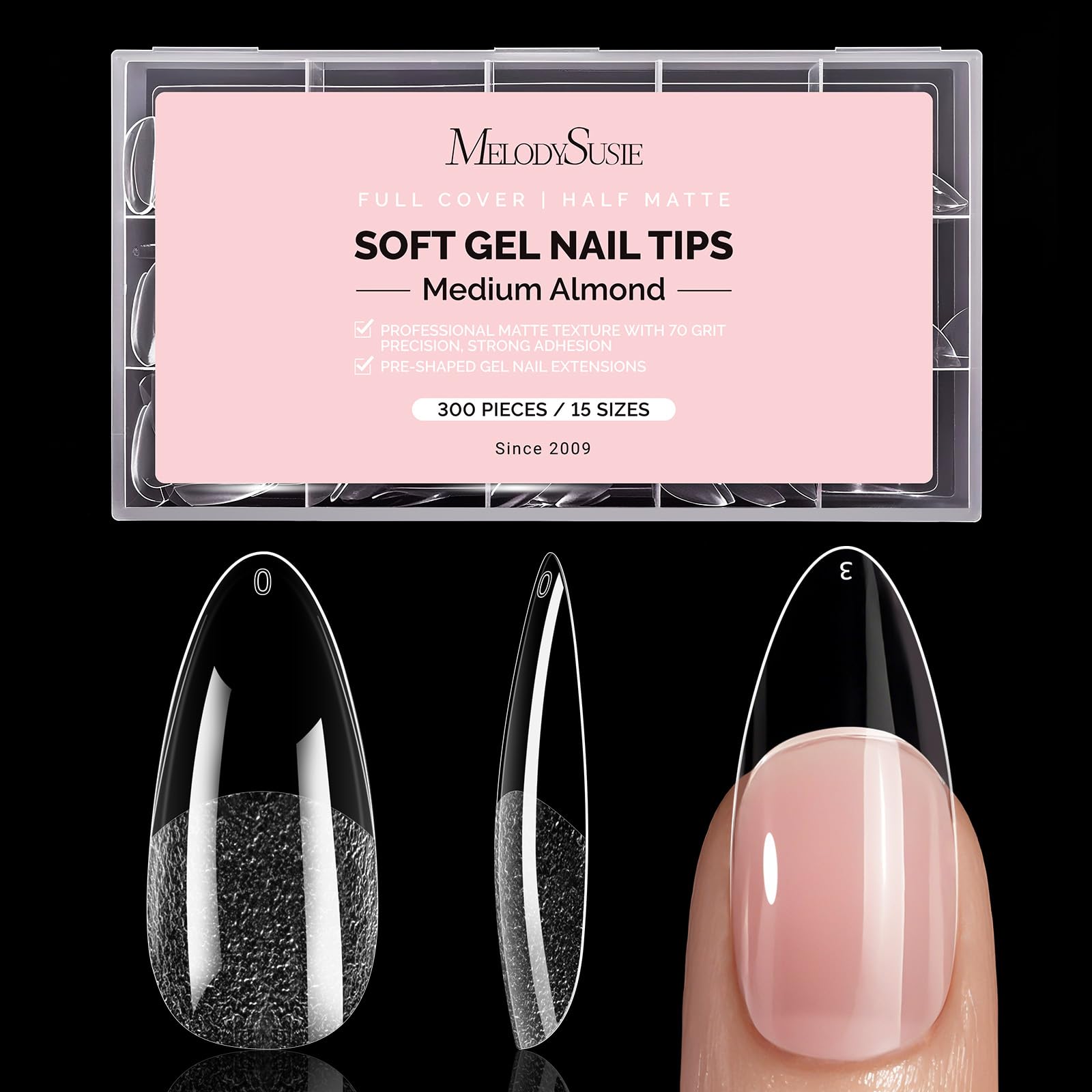 MelodySusie Medium Almond X Nail Tips 300Pcs set for precise fit and salon-ready extensions.