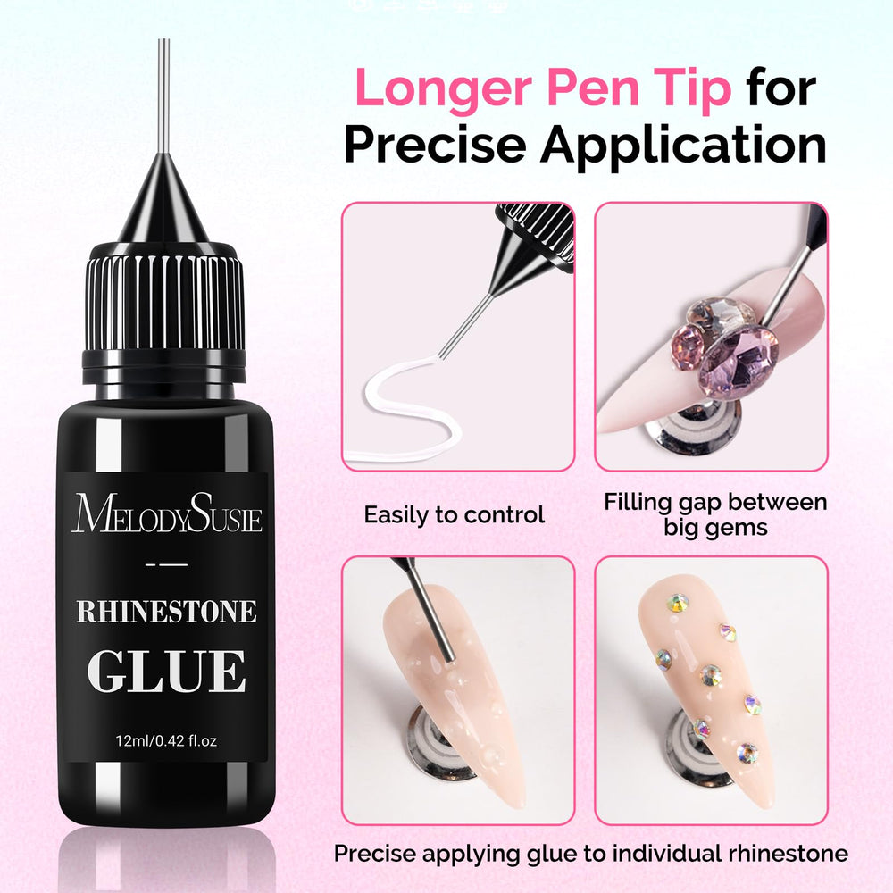 MelodySusie nail art glue close-up showing strong adhesion for gems.