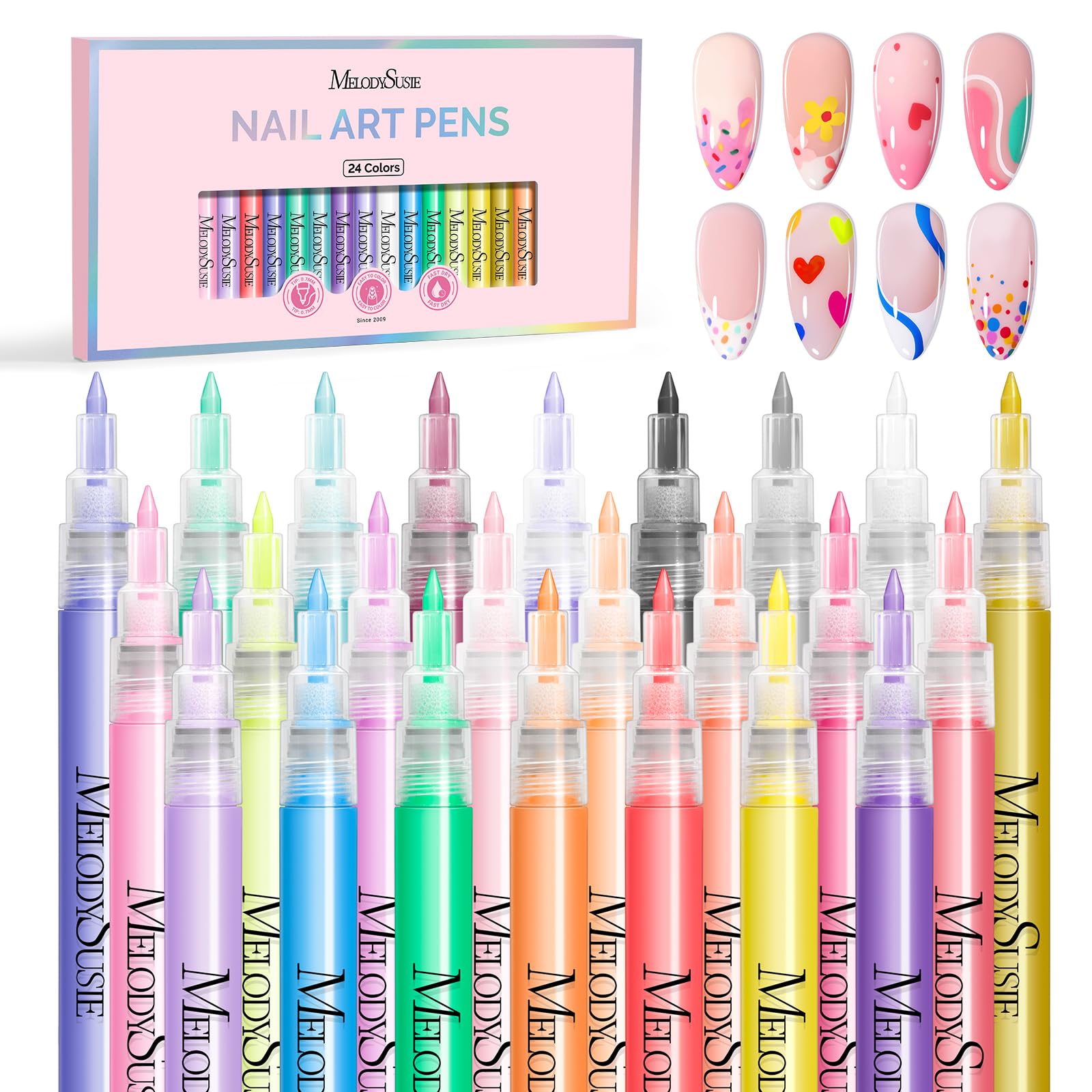 MelodySusie nail art pens set with 24 colors for vibrant designs.