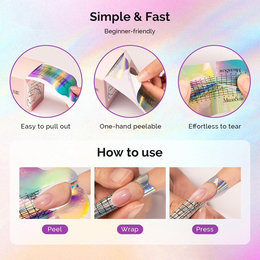 MelodySusie Nail Forms compatible with extension gel, acrylic powder, and builder gel.