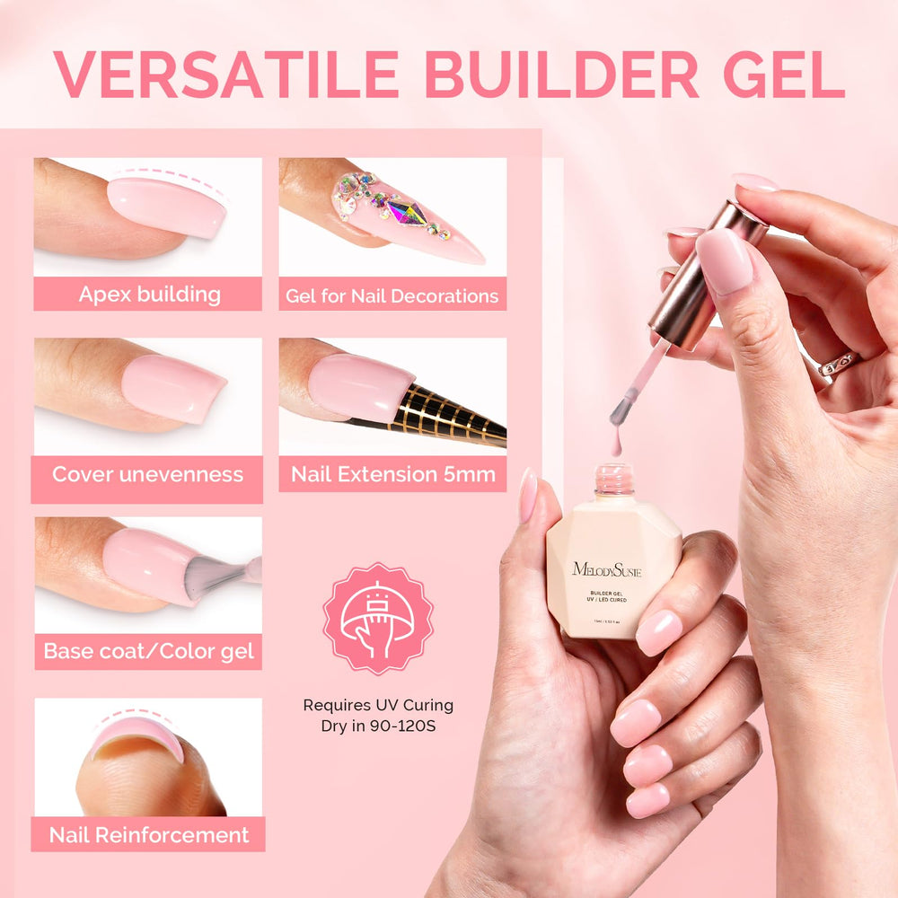 MelodySusie nail-length extension with nude gel for natural-looking enhancements.