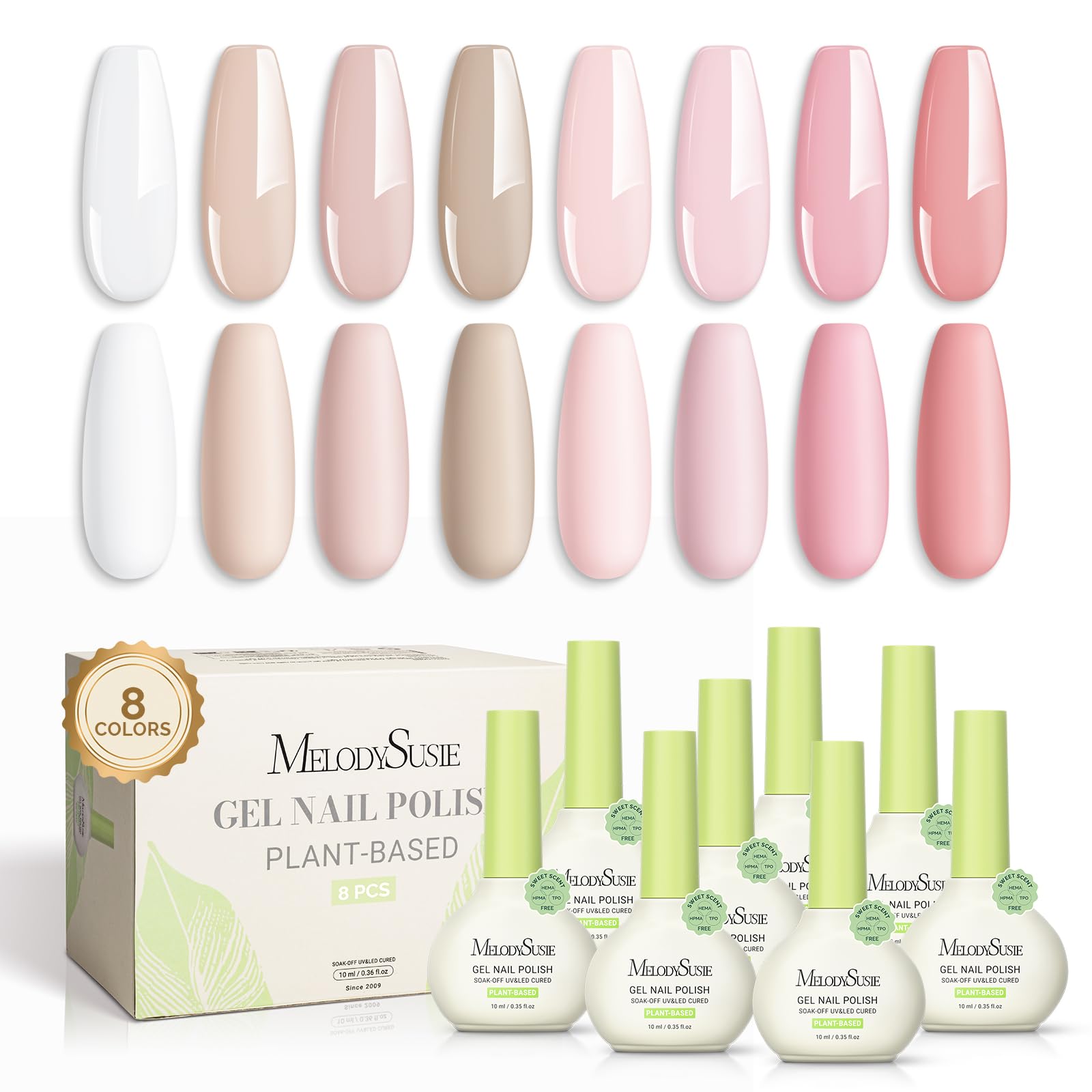 MelodySusie plant based gel nail polish set pink nude shades for salon quality wear.