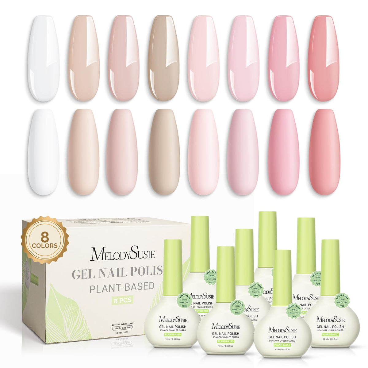 MelodySusie plant based gel nail polish set pink nude shades for salon quality wear.