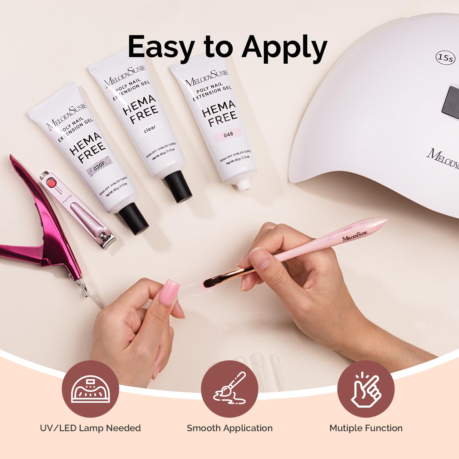 MelodySusie Poly Nail Extension Gel UV-cure scene demonstrates versatile base for nail art.