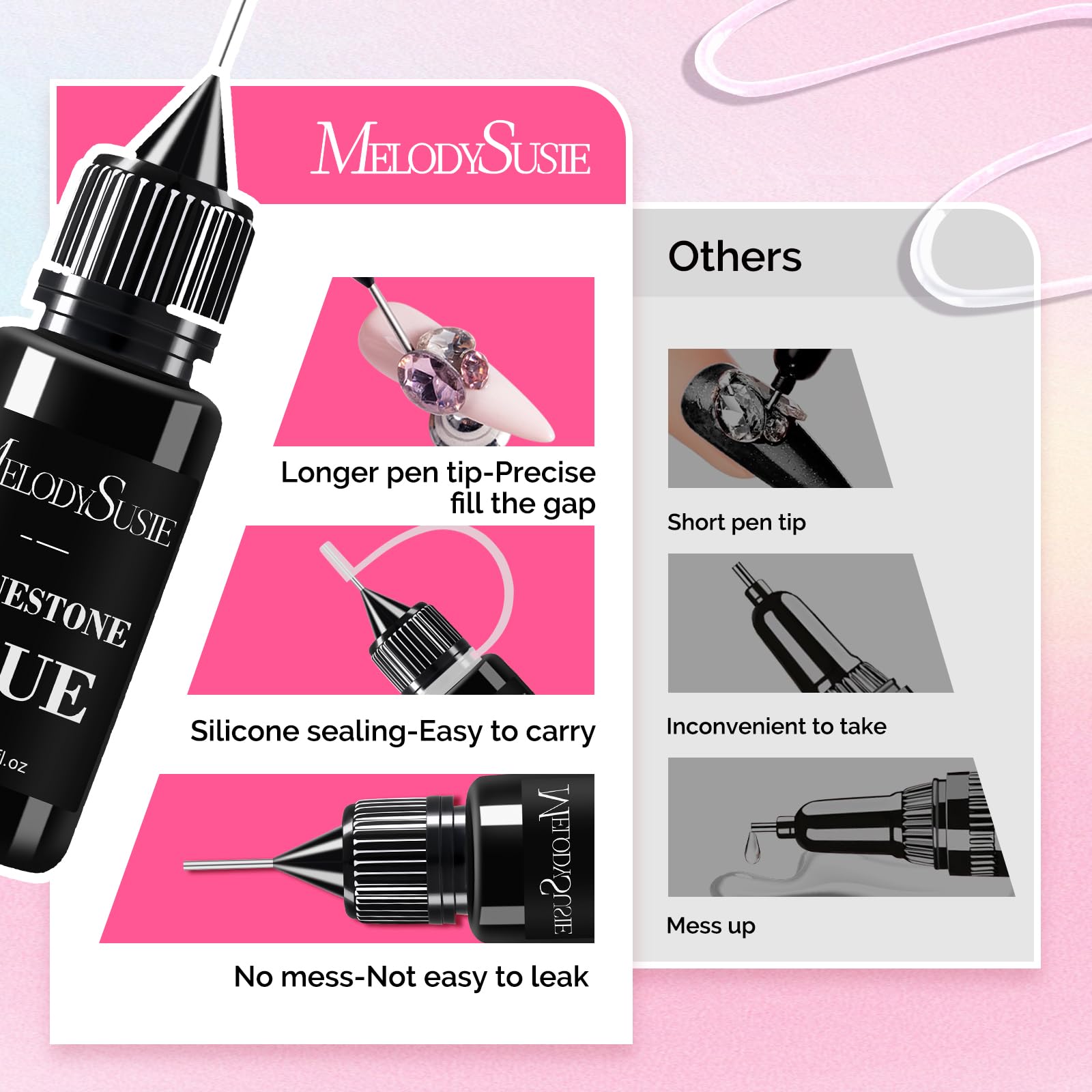 MelodySusie rhinestone glue supports long-lasting nail charms.