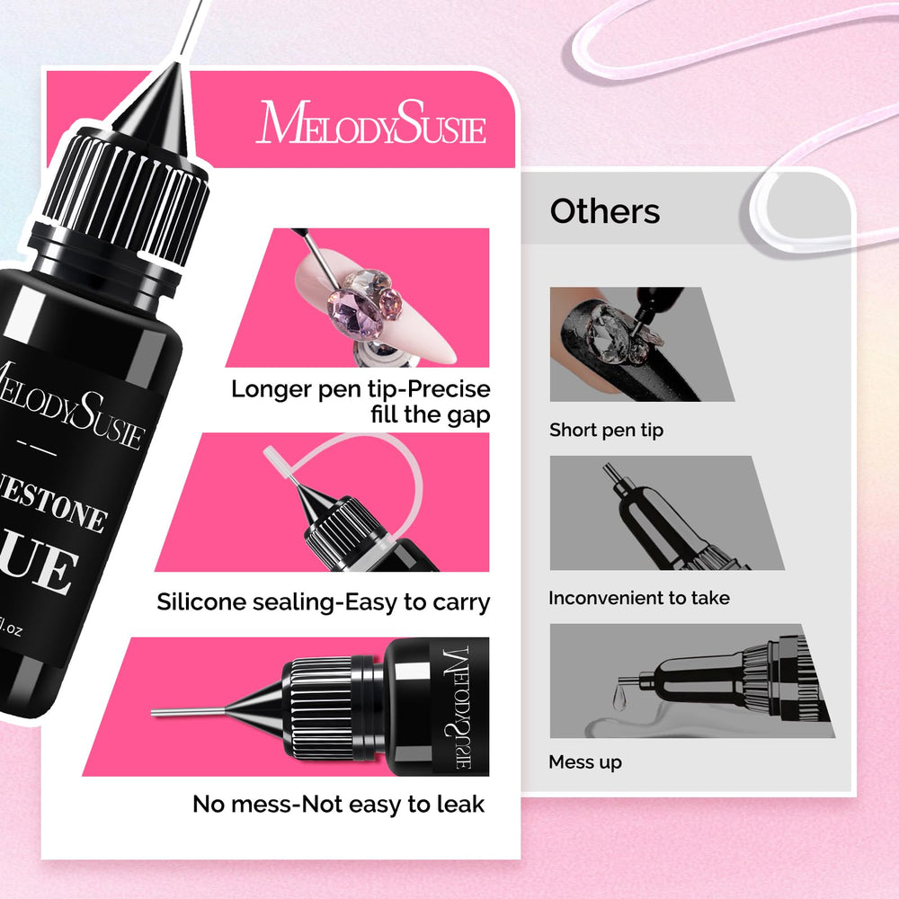 MelodySusie rhinestone glue supports long-lasting nail charms.