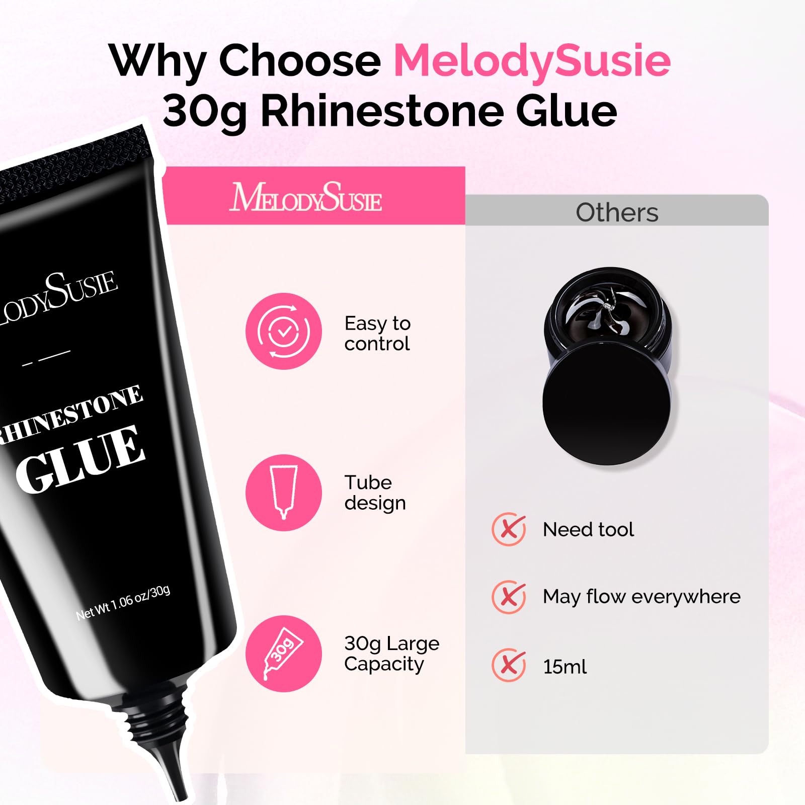 MelodySusie Rhinestone Glue delivers long-lasting adhesion across varied nail styles.