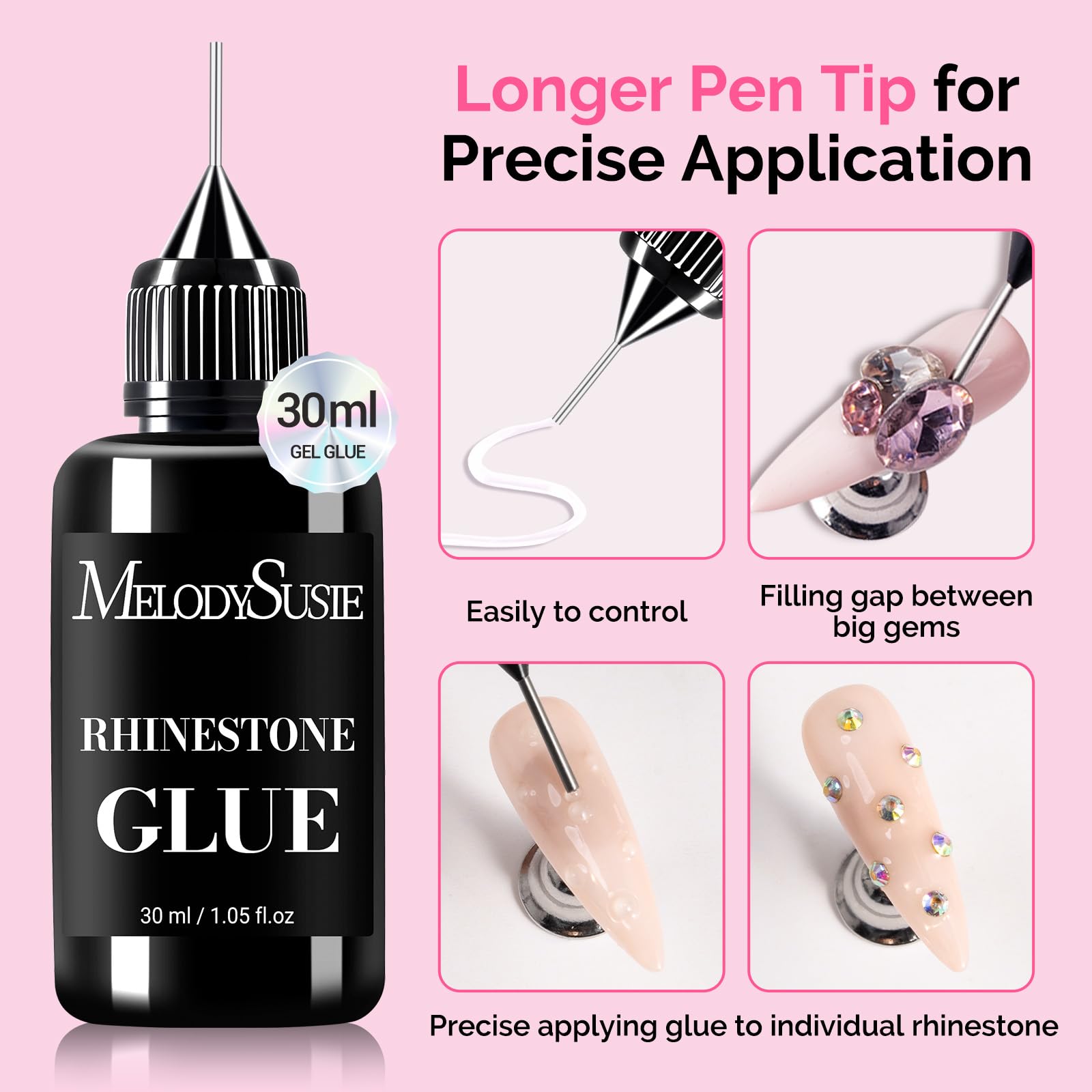 MelodySusie rhinestone glue enhances 3D nail art designs.