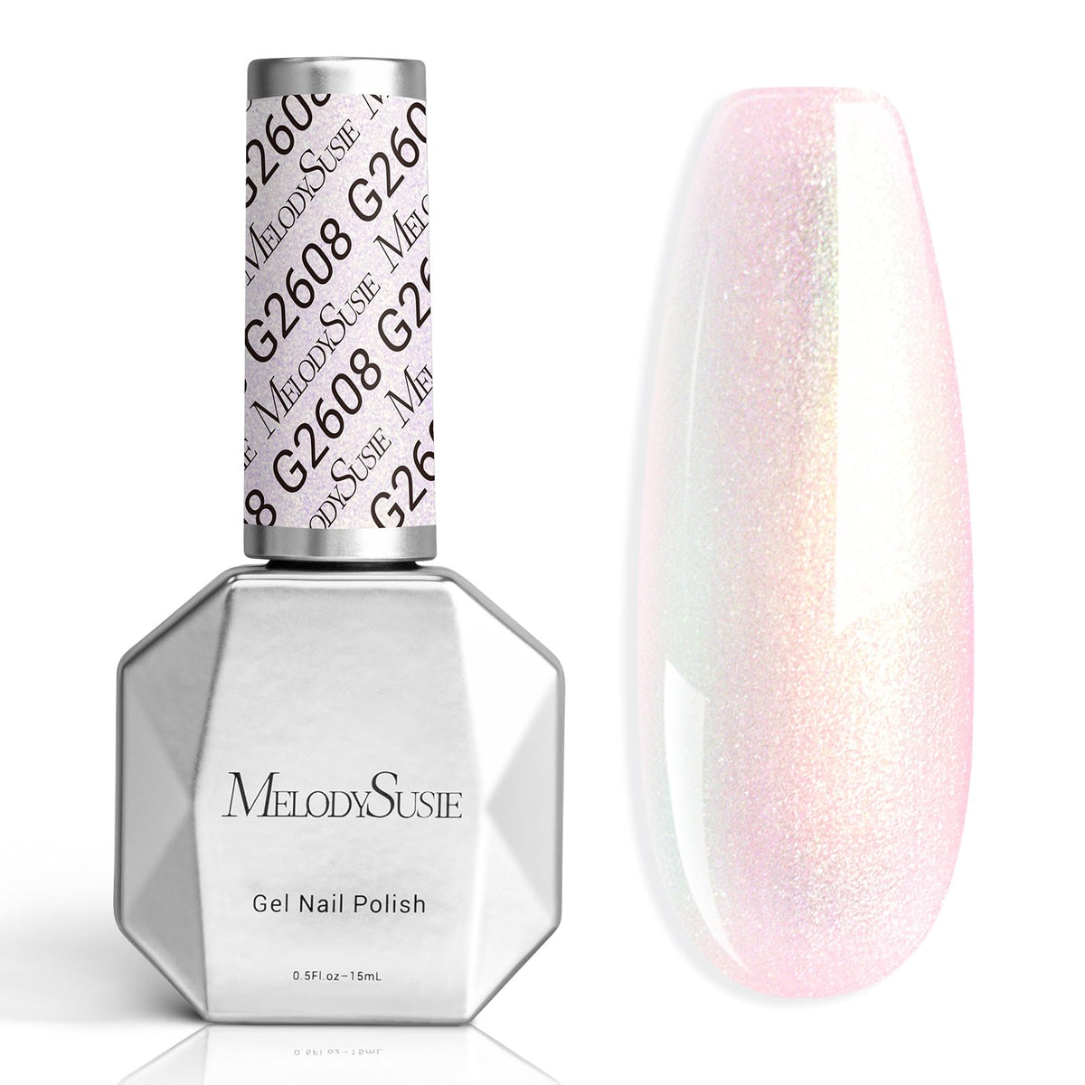 MelodySusie Shimmer Aurora gel polish bottle shows jelly pink and white shade with long-lasting shine.