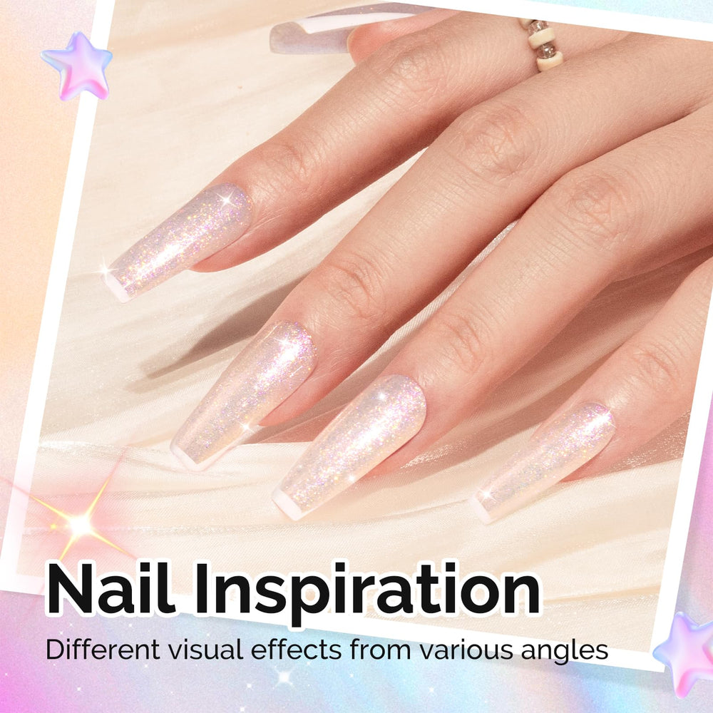 At-home MelodySusie Shimmer Aurora manicure with salon-like shine.