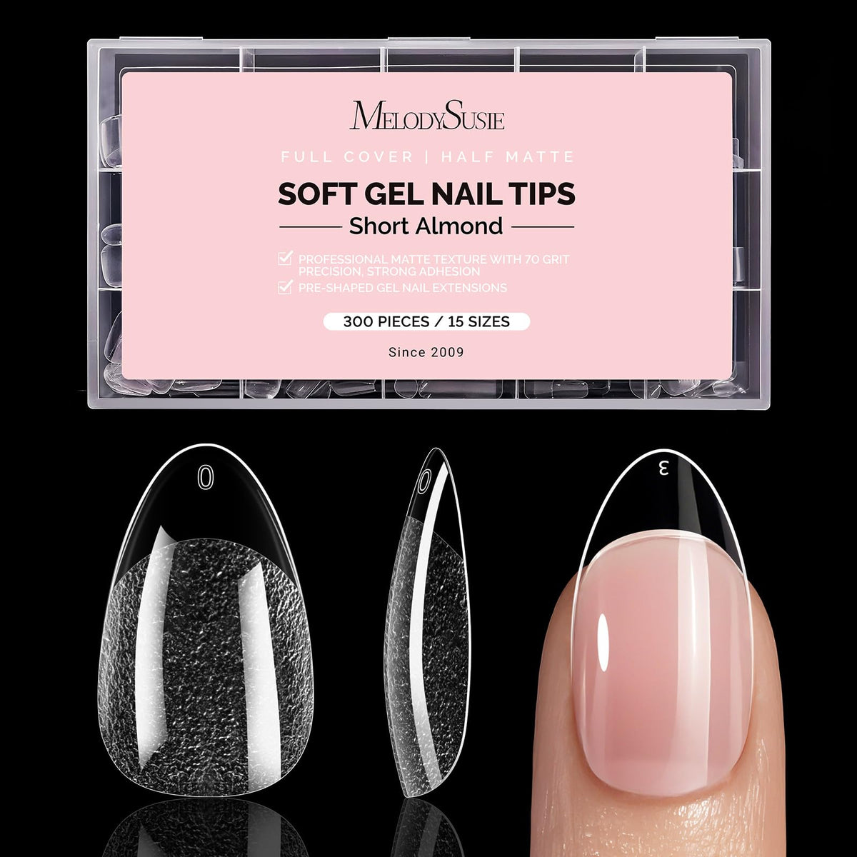 MelodySusie short almond X nail tips 300-piece pack for precise sizing