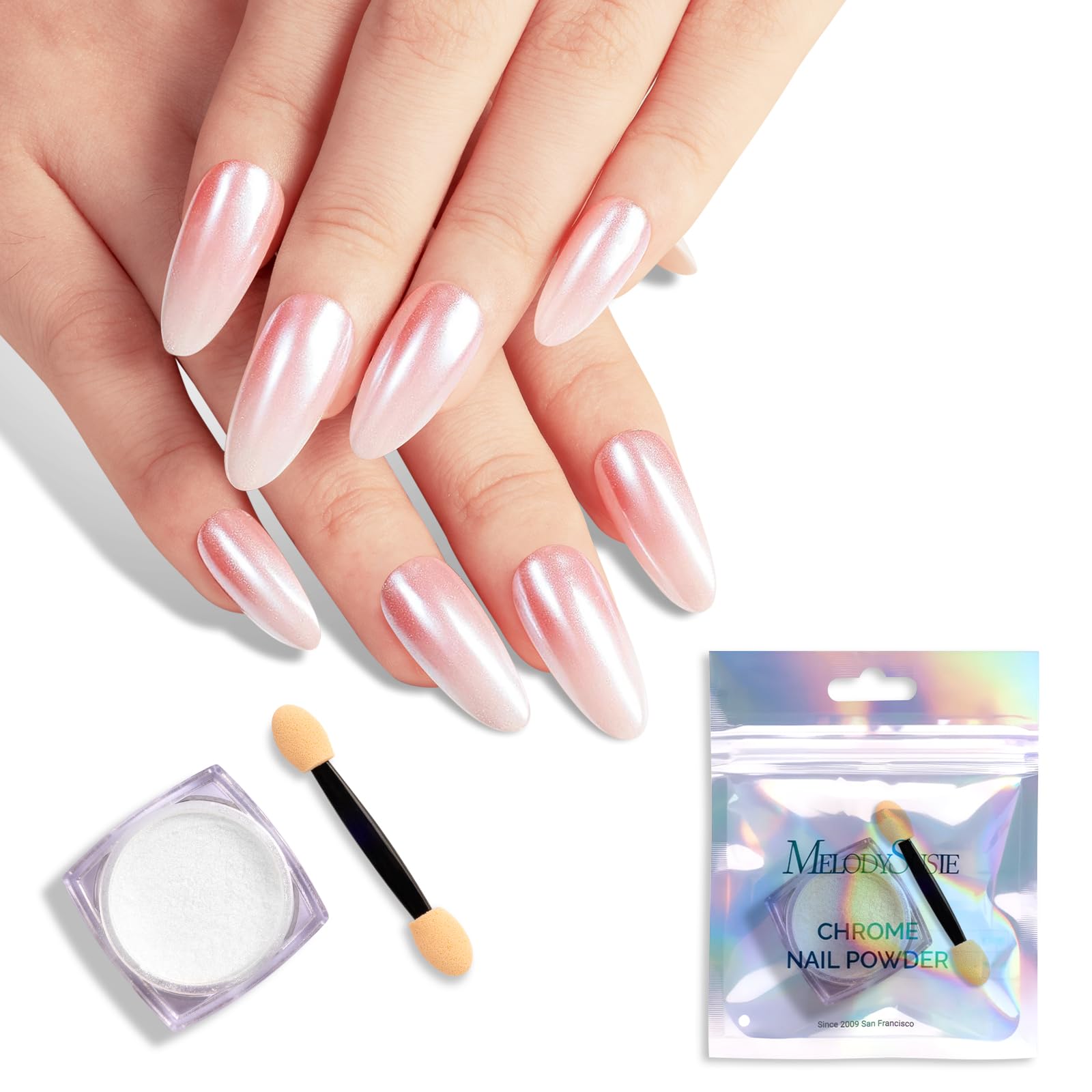 MelodySusie White Chrome Nail Powder creates a mirror finish on gel nails.