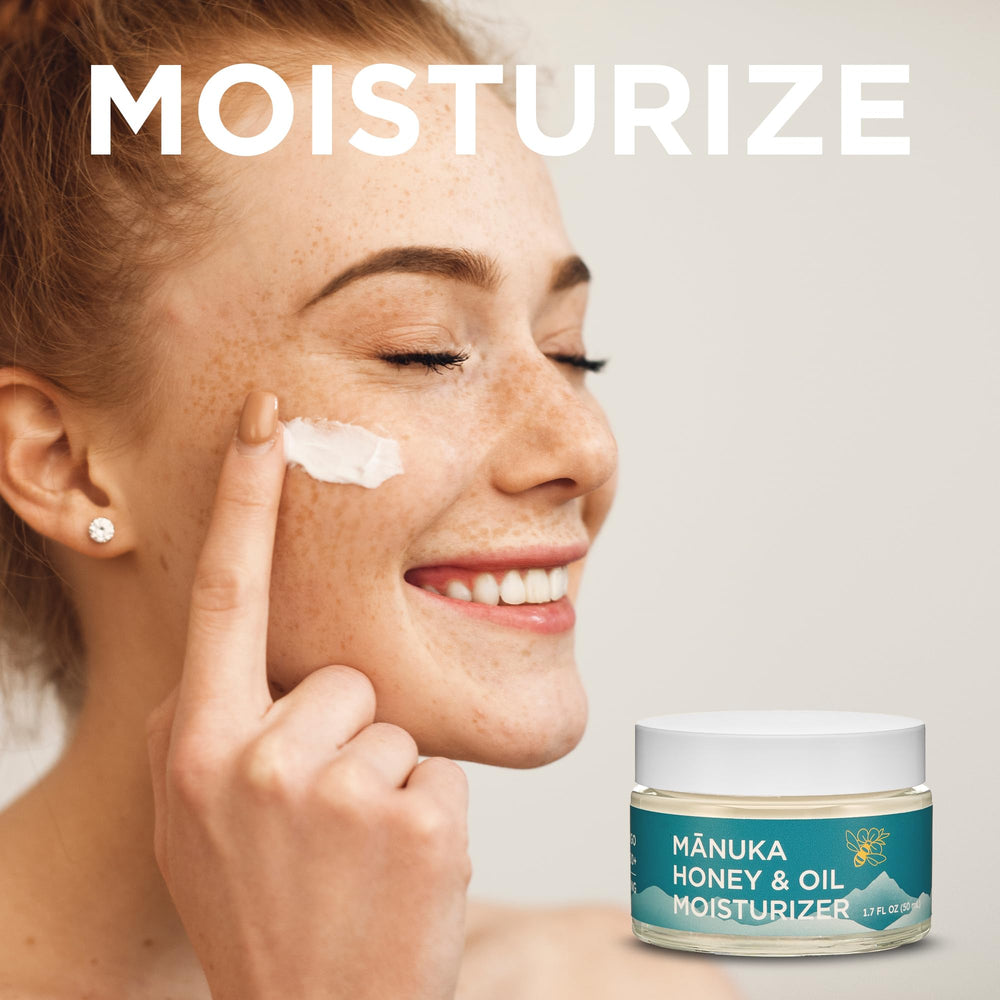 Daily skincare routine with Melora Manuka Honey Cream being applied.